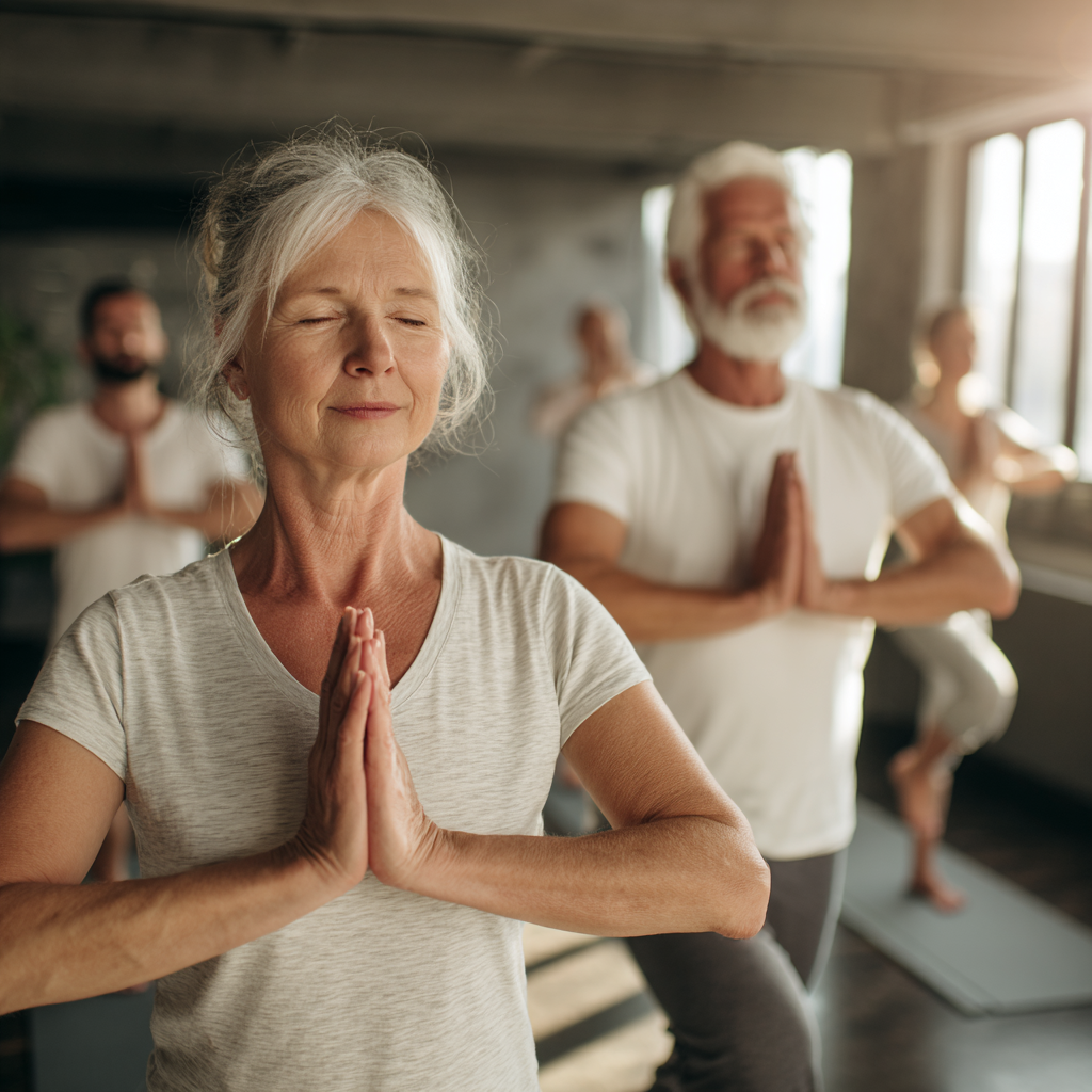 Senior adults practicing gentle yoga in peaceful studio environment